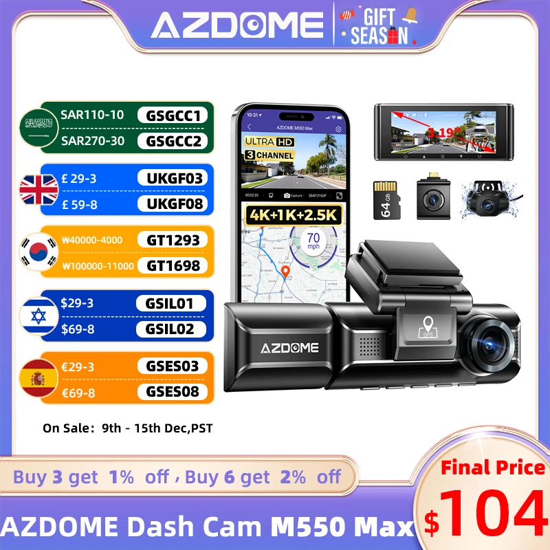 AZDOME 4K 3 Channel Dash Cam M550 Max Car Camera WiFi GPS Front and Rear Inside Recorder Car DVR IR Night Vision Parking Mode