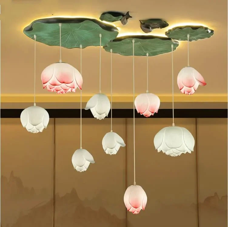 

Chinese Style Lotus Pendant Lights Vintage Led Retro Flower Hanging Lamp Dining Room Kitchen Light Fixtures Luminaire Home Decor