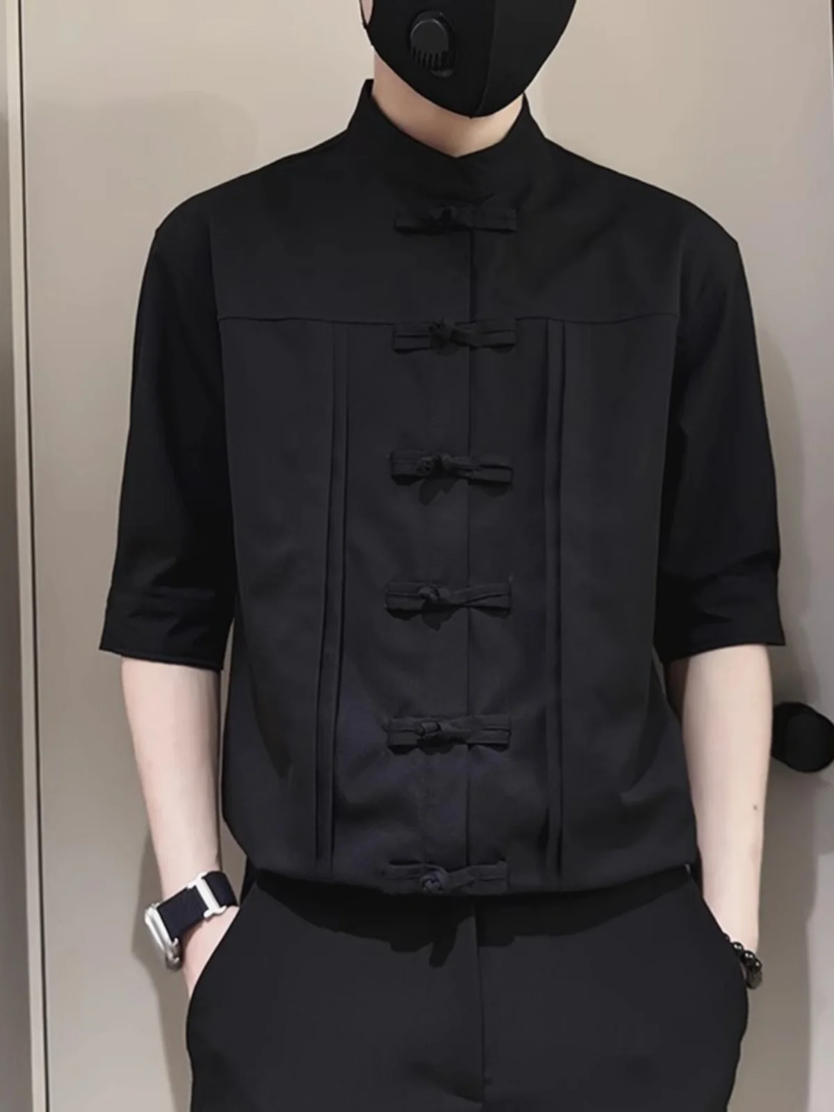 

New Chinese Sle Men's irt ort Sve Summer Trendy Haome Tang Costume Top Loose Fit No Ironing Thin Fabric 2024