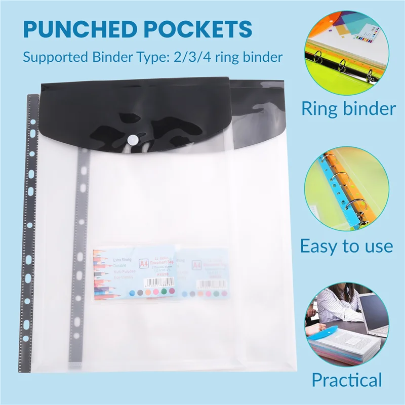 

AB97-12 Pack A4 Punched Pockets Plastic Wallets - 11 Holes Expandable Binder Pocket Envelope File Folders