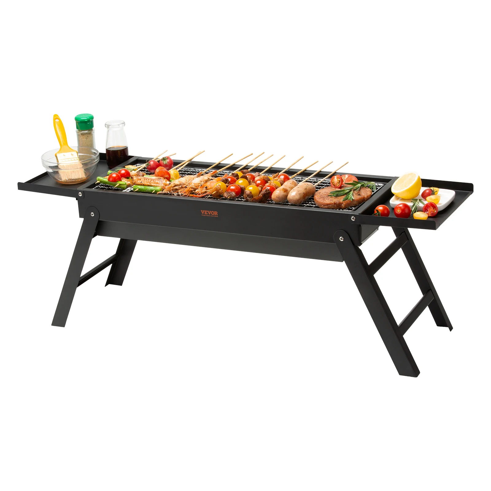 VEVOR Gills Holzkohlegrill Klappgrill Tischgrill 57 x 22 cm, Tragbarer Reisegrill Outdoor Picknick Campinggrill 85 x 23,7 x 30 cm Größe, Schwarz Edelstahl BBQ Grill Camping Strandparty Rucksackreise