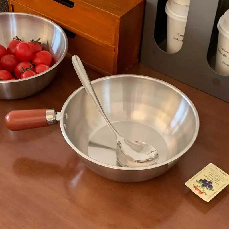 Edelstahl-Instantnudeltopf, kleiner Topf für eine Person, hochwertiges Design, Holzgriff, Snacktopf, kleiner Kochtopf