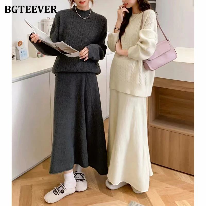 BGTEEVER Elegant Warm Loose Female 2 Pieces Knitted Set O-ncek Long Sleeve Pullovers Sweaters & High Waist A-line Skirts