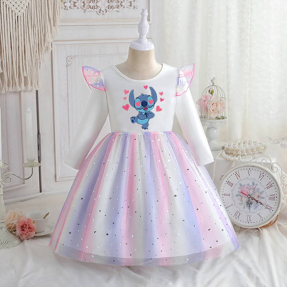 

Stitch Princess Dress Disney New Baby Girls Dress Spring Autumn Long-sleeved For Children Kids Clothes Birthday Party Rainbow