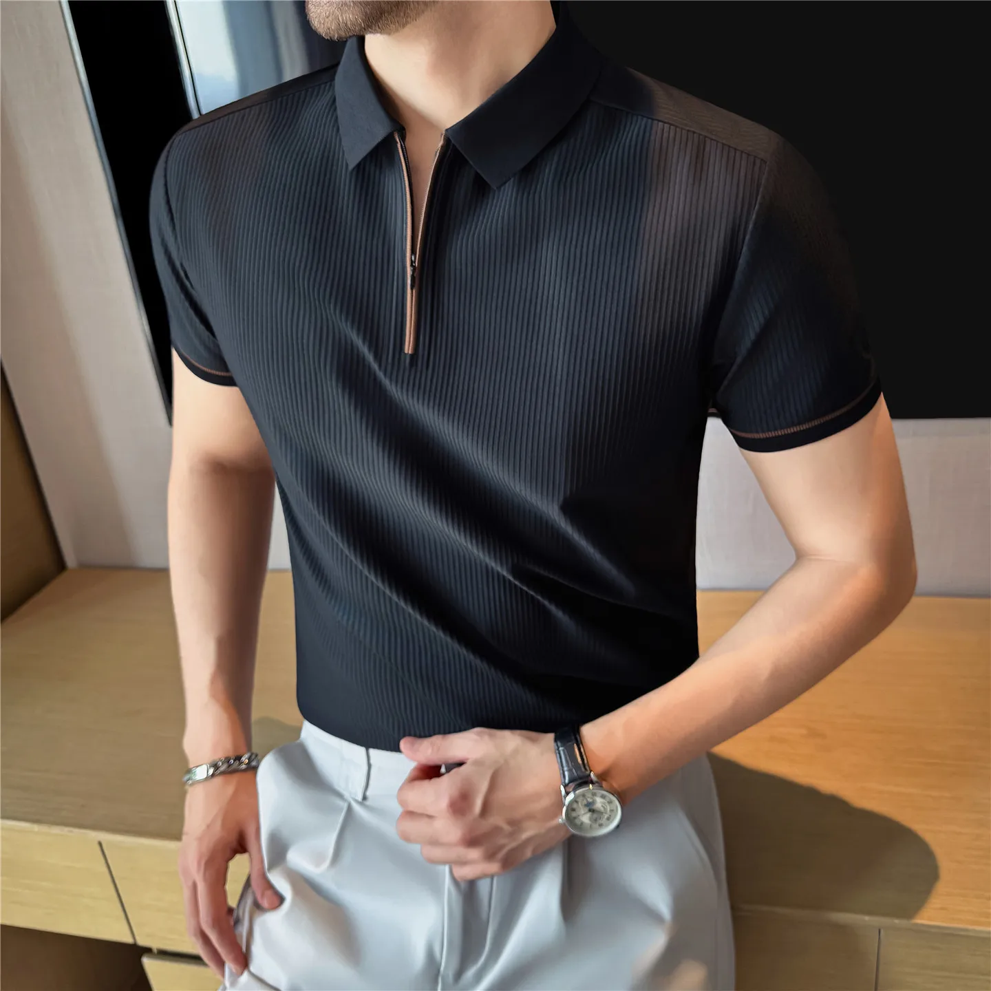 Men's 2026 New Arrival Ribbed Half Zip Polo Shirt Ice Silk Breathable Business Casual Summer Short Sleeve Slim Fit Top for Men