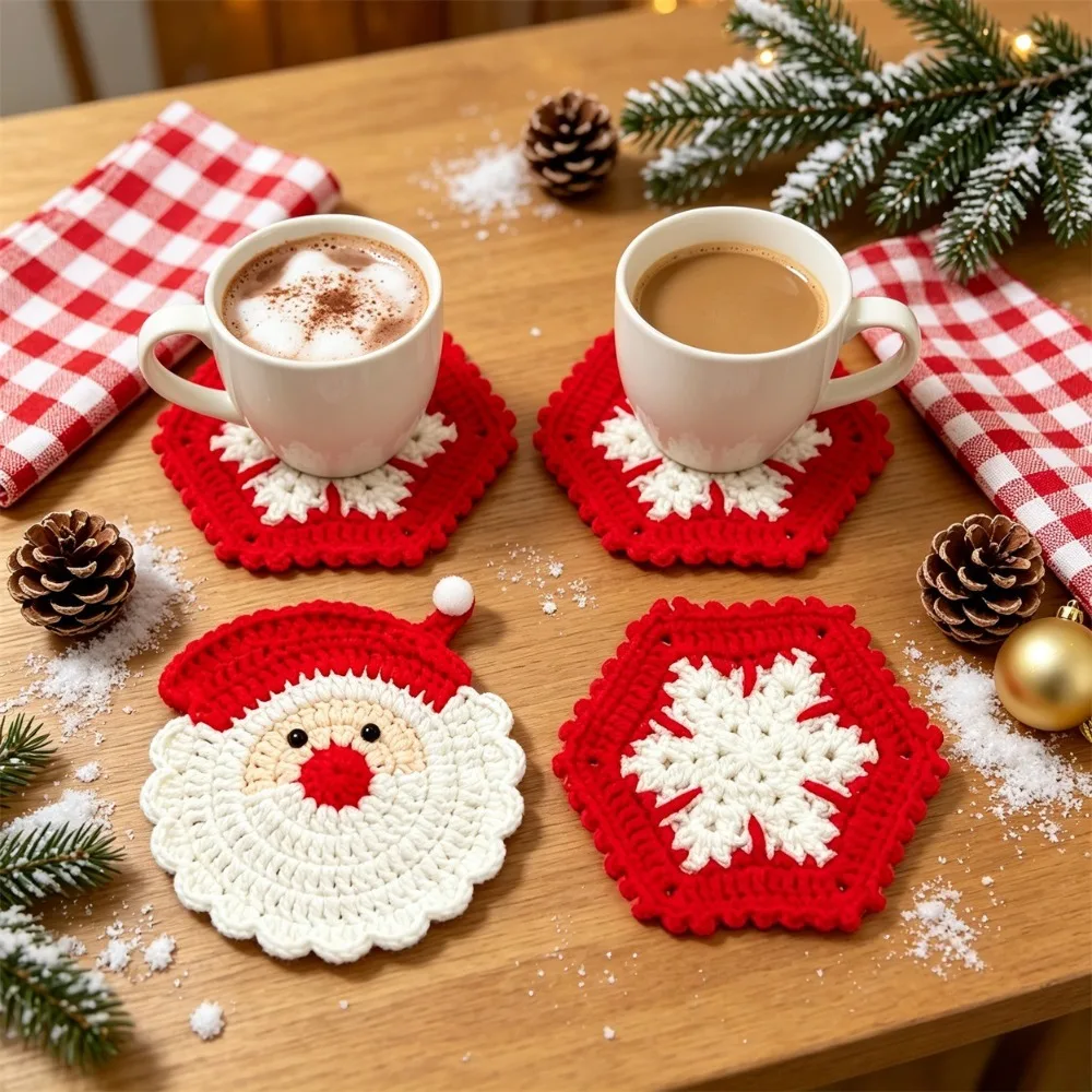 1/4 Pcs Hand Crochet Santa Snowflake Coasters, Handmade Heat Resistant Table Mats, Christmas Table Decor & Gifts