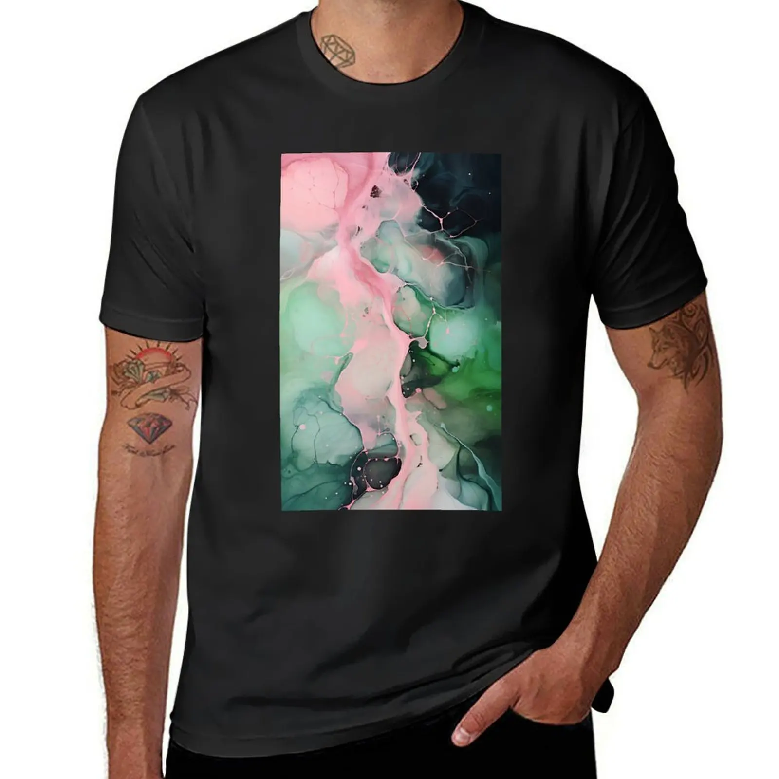 

Enigmatic Fusion - Abstract Painting of Pink, Green, and Black T-Shirt summer top Blouse blanks mens graphic t-shirts pack