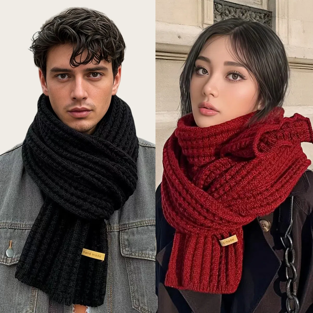 Bufanda de punto gruesa y cálida para hombre y mujer, pañuelo de Cachemira suave y liso de lana para invierno y otoño, bufandas negras simples a la moda para estudiantes