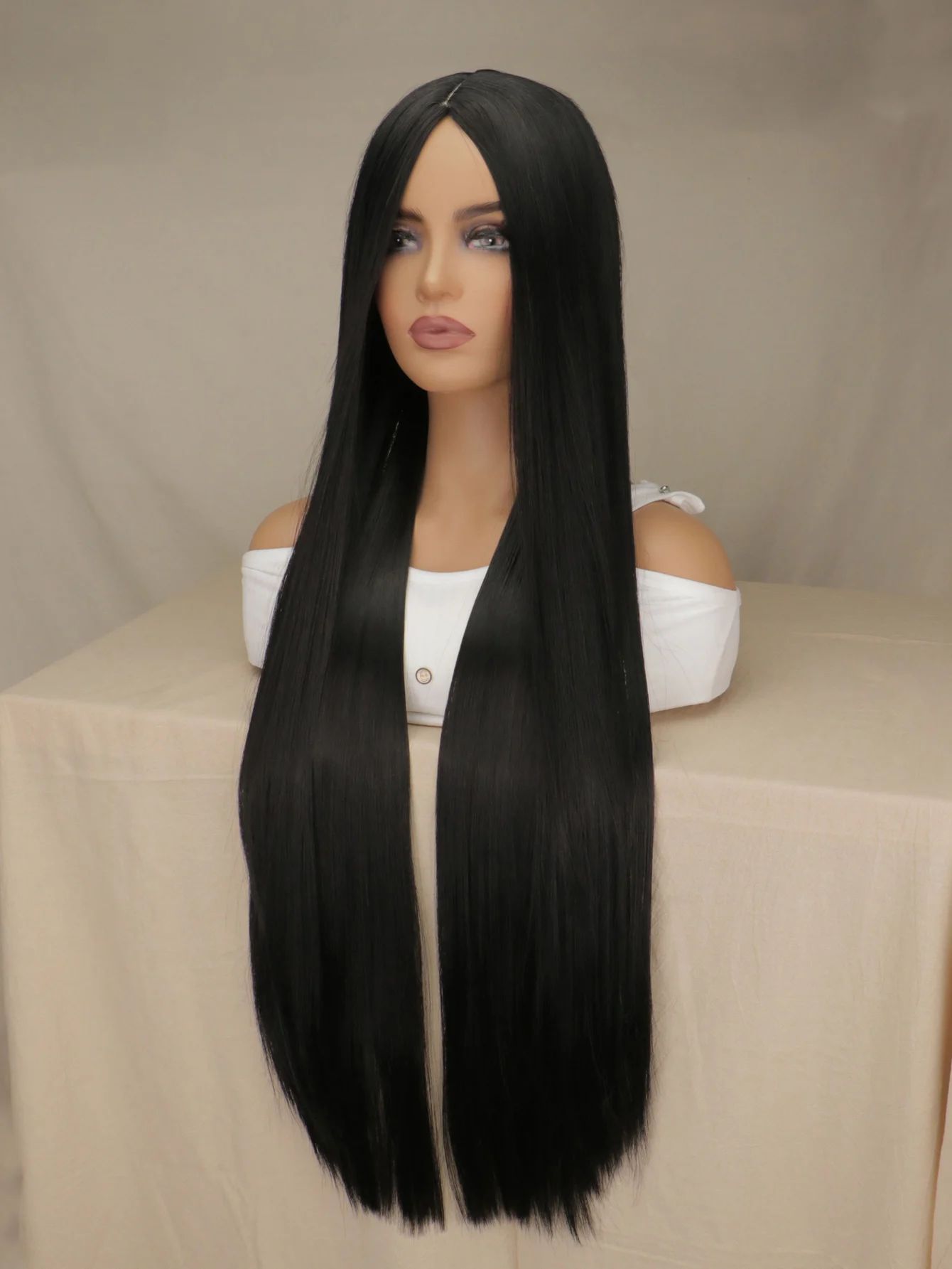 40 "lungo rettilineo nero con riga centrale costume cosplay e parrucca quotidiana ragazza Halloween cosplay festa parrucca nera lunga diritta da donna