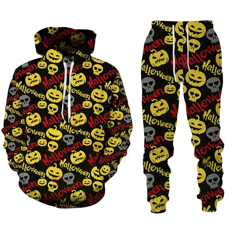 Chándal con estampado 3D para hombre, conjunto de Sudadera con capucha y pantalones de gran tamaño, ropa de calle informal para parejas, 2 piezas, para Halloween