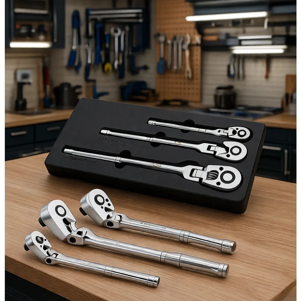 

Набор из 3 гибких трещоток с головками 1/4, 3/8, 1/2 дюйма, 72 зуба, быстросъемные, реверсивные, из хромированного сплава, полностью полированные