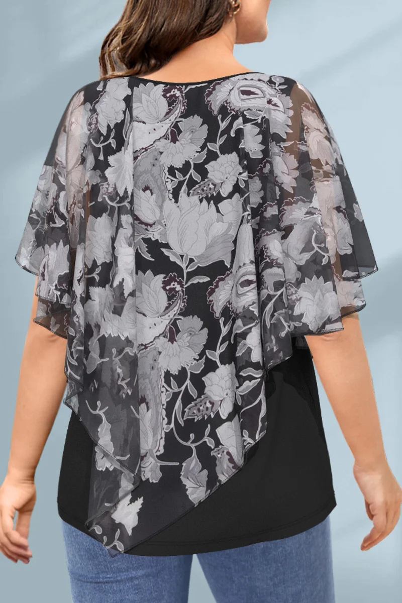 Plus Size Women Blouse Cloak Loose Casual Floral Print Ruffle Batwing Cape Sleeve Basic Tee Top Fake Two Pieces Women Shirt Top