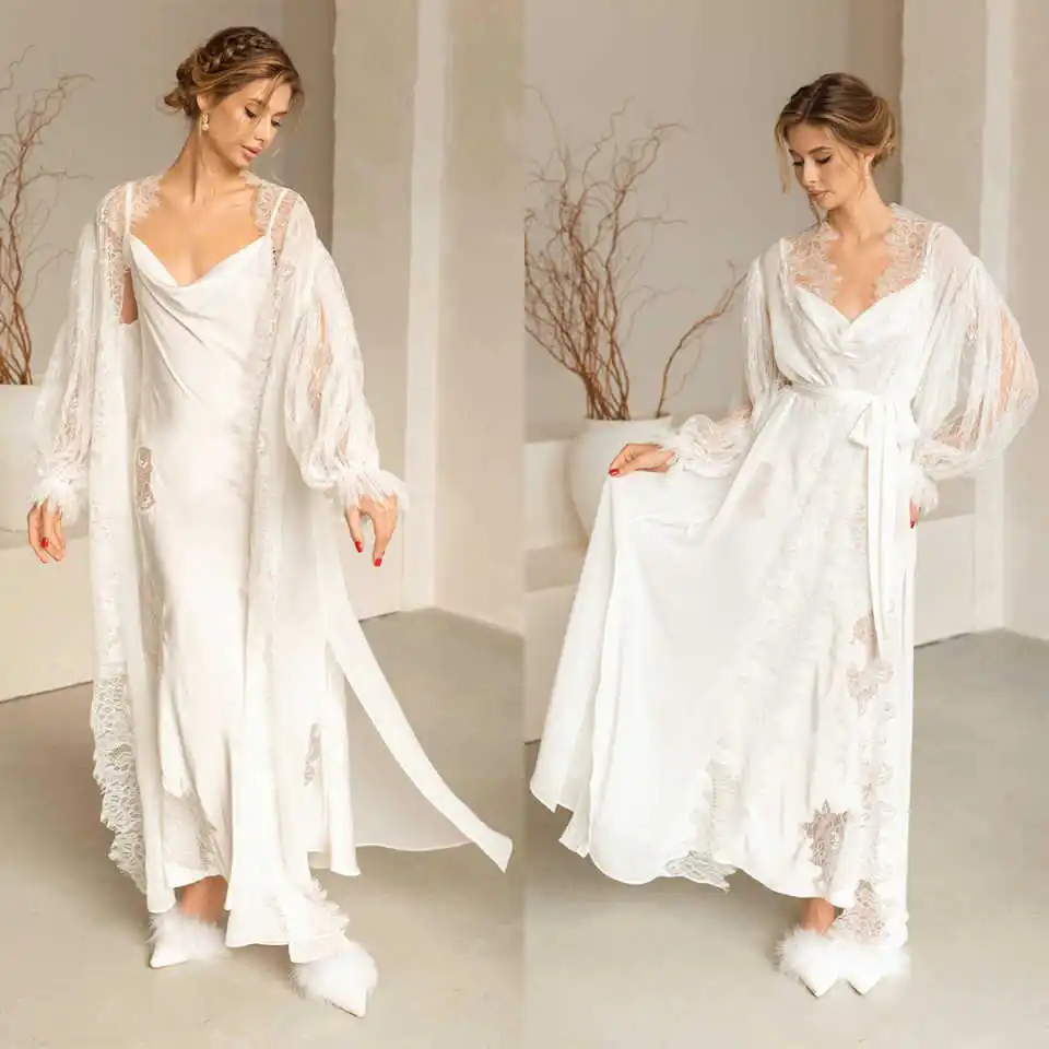 

Великолепный женский халат из двух предметов, кружевной халат с аппликацией и длинными рукавами, пышное платье для беременных, ночная рубашка по индивидуальному заказу