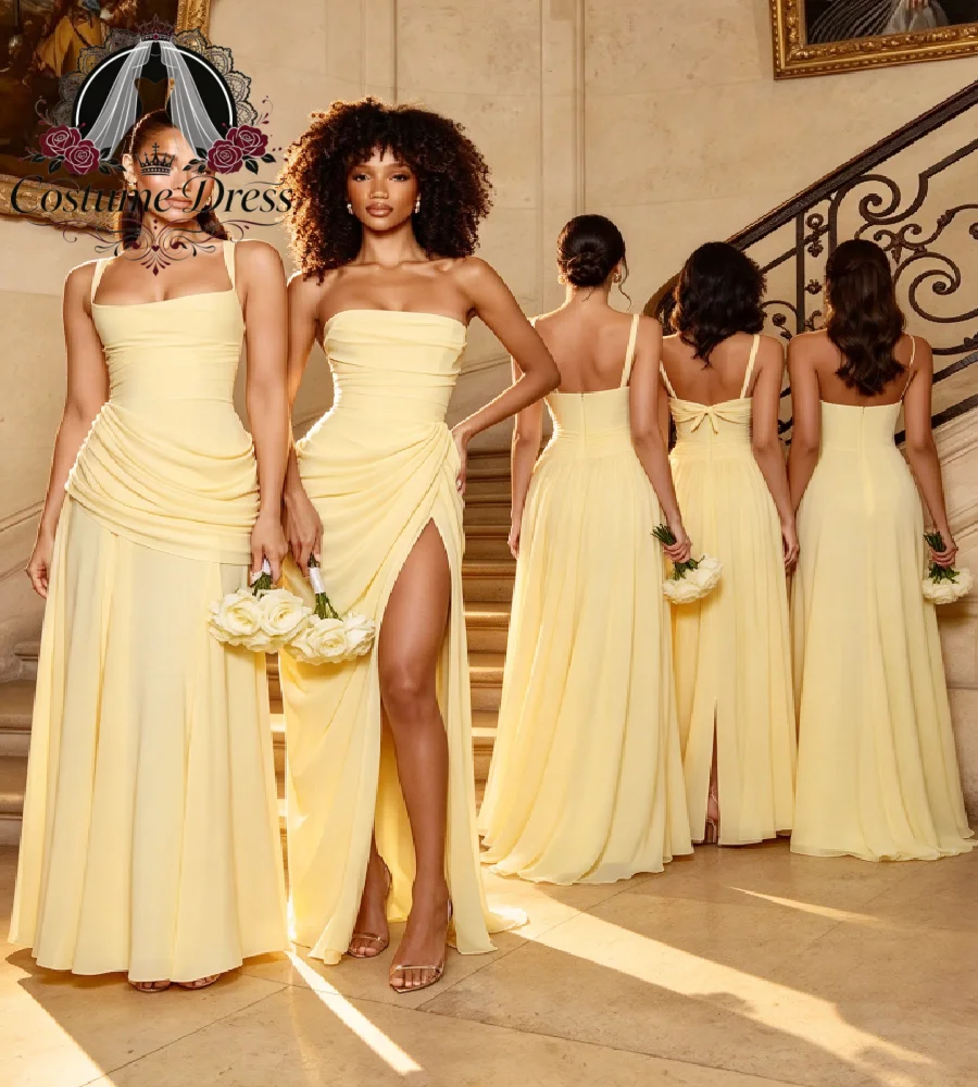 Pale Yellow Chiffon Mix Match Bridesmaid Dresses Long Floor Length Different Styles Wedding Guest Formal Party Maxi Formal Party