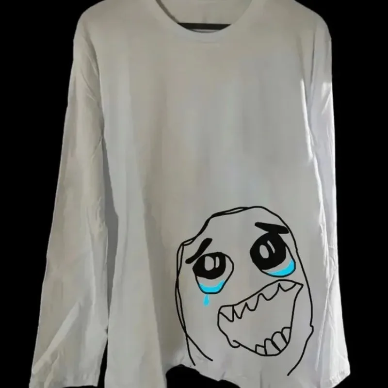 2000s Japanese Y2K Funny Crying Meme Face Print Oversized Long Sleeve T-Shirt | White Grunge Cotton Top E-GIRL Punk Gothic