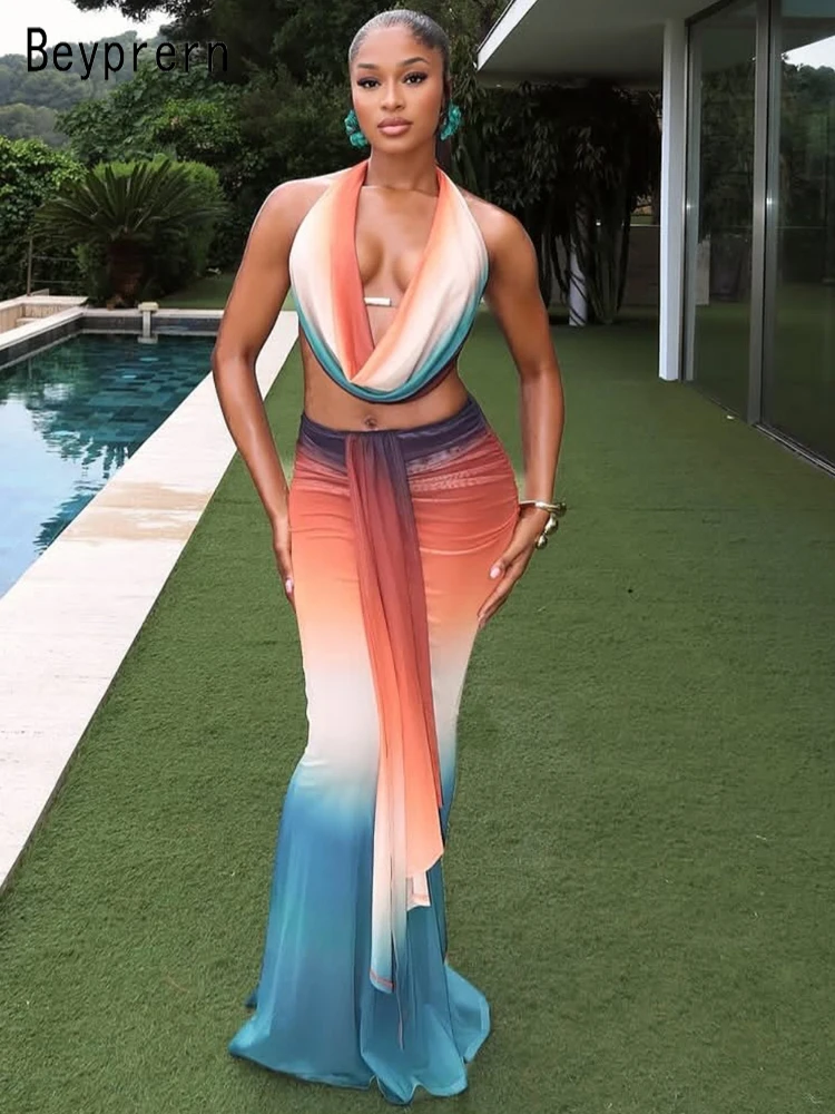 

Beyprern Tropical Goddess Ombre Skirt Set Swimsuits Holiday Outfits Womens Mesh Ruched Crop Top And Long Straps Maxi Skirt Set
