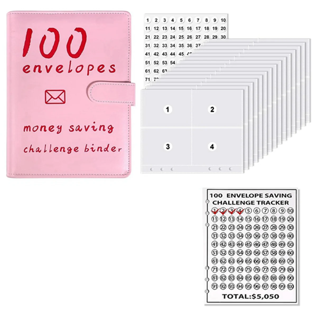 100 Envelopes Money Savings Challenges Book,Storage Budgeting Binder Budget Book Cash Saving Challenge Box Kit (Pink)