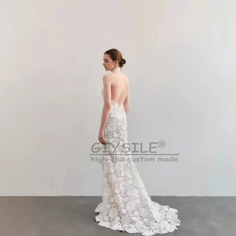 GIYSILE Customized New Neck Hanging Light Wedding Dresses Lace Sexy Backless Small Tail Evening Gowns vestidos de novia boda