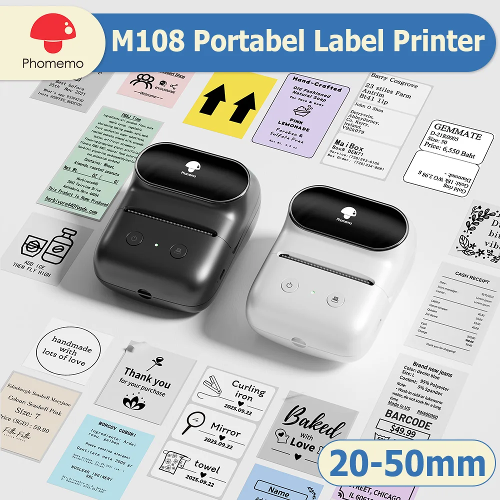Phomemo M108 Label Printer 20-50mm Thermal Labeling Printing Wireless Bluetooth Label Maker Similar as B1 B21 for Home School