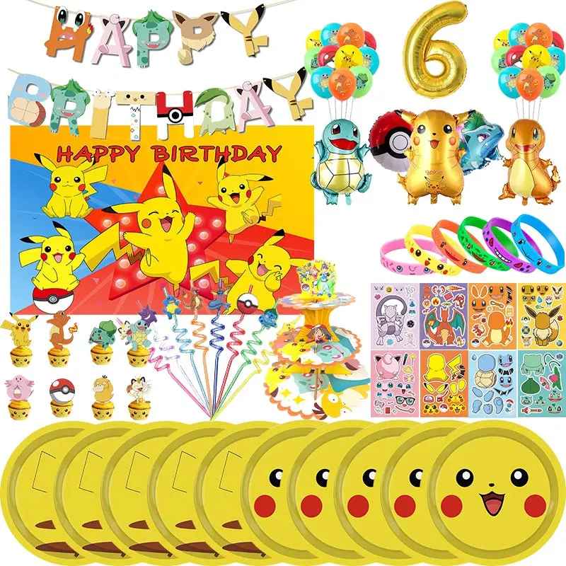 Pokemon Decoration Birthday Pikachu Theme Tableware Set Balloons Deco Tablecloth Happy Banner Party Supplies For Kids Girls Boys