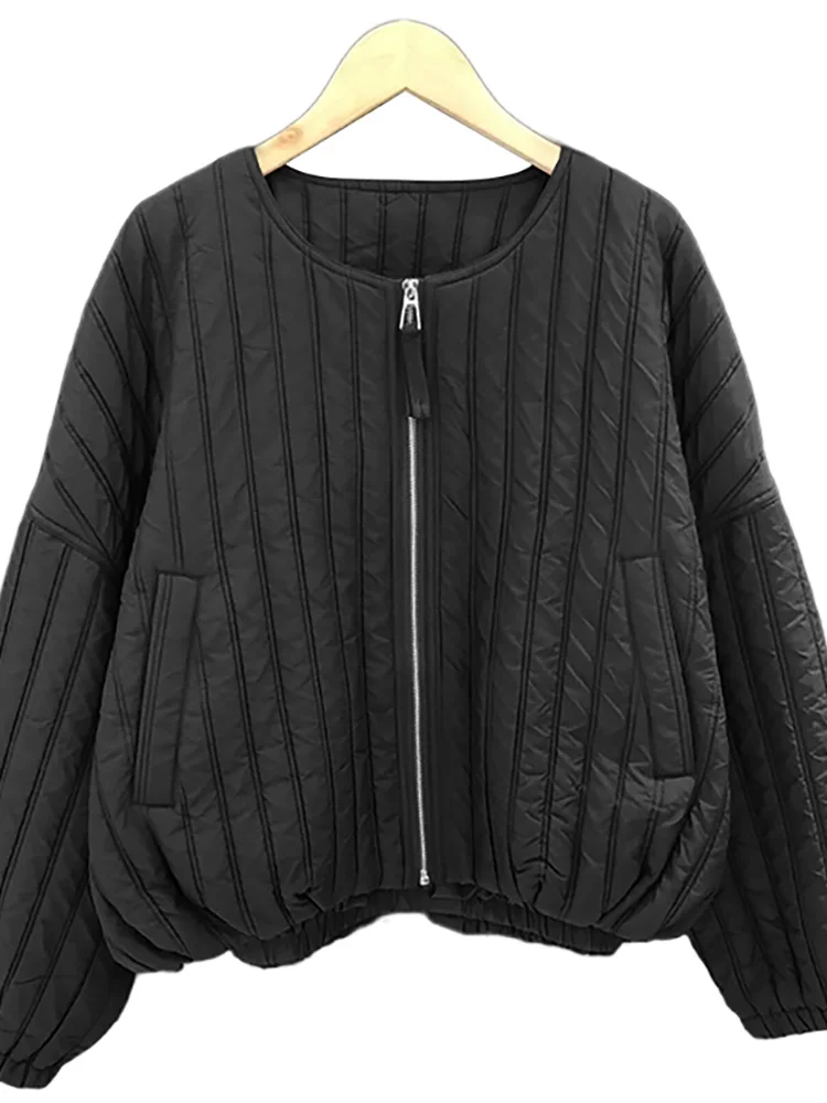 Retro Striped Design round Ne Warm Zipper Cotton Jaet Women's Autumn Winter Loose Versatile Small ence Outerwear