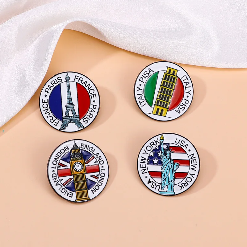 Creative Europe Travel Brooch Flag Pin Set with Eiffel Tower Big Ben Leaning Tower of Pisa Alloy