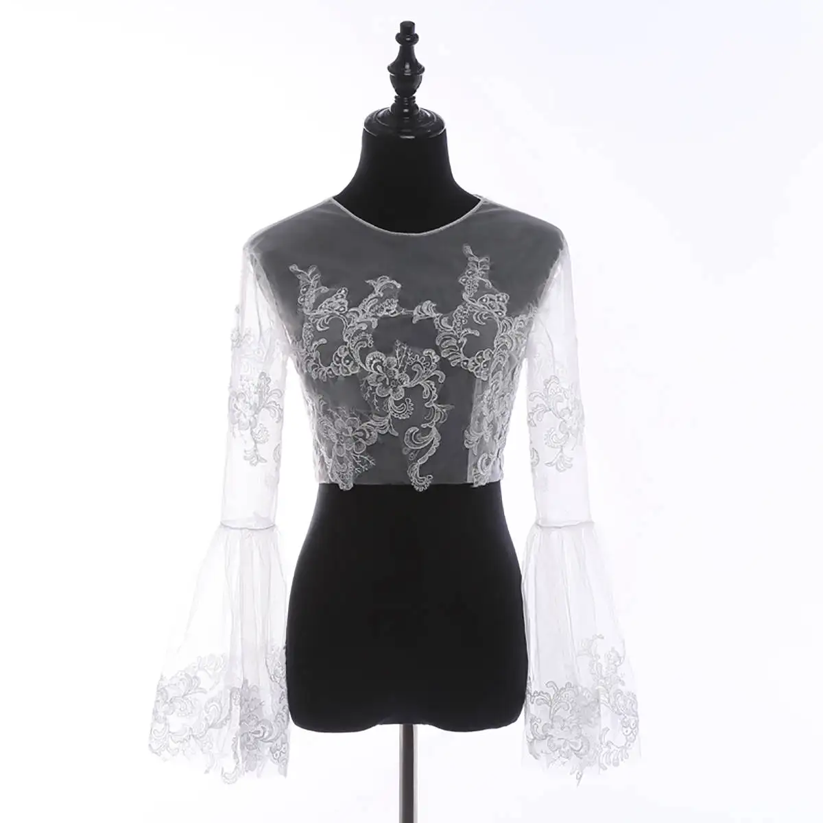 Chaqueta de encaje de manga larga para mujer, chaqueta transparente con cuello redondo, apliques de lentejuelas, capa nupcial, accesorios de boda formales