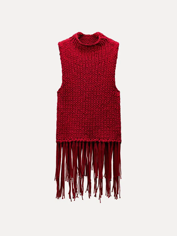 Wiosenna Nowość Damska Dzianinowa Wyszczuplająca Okrągła Bluzka z Frędzlami Dekoracyjnymi Wysoki Stan Do Pracy Średniej Długości Dr