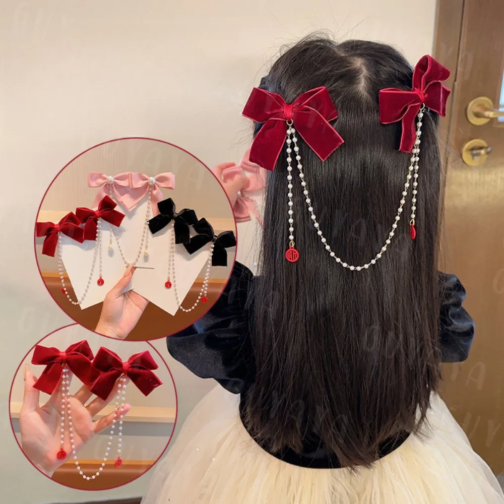 

Sweet Princess Style Pink Pearls Chain Bow Hair Clip Women Children Cute Back Head Hairpins Hair Clips Girls Hair Accessories핀