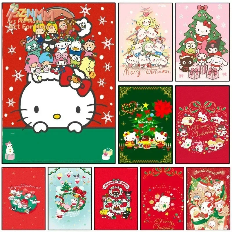 AZNM Hello Kitty Canvas Poster Christmas Snowflake Wreath Cute Sanrio Cartoon Holiday Wall Art Print Girls Bedroom Unframed Pain