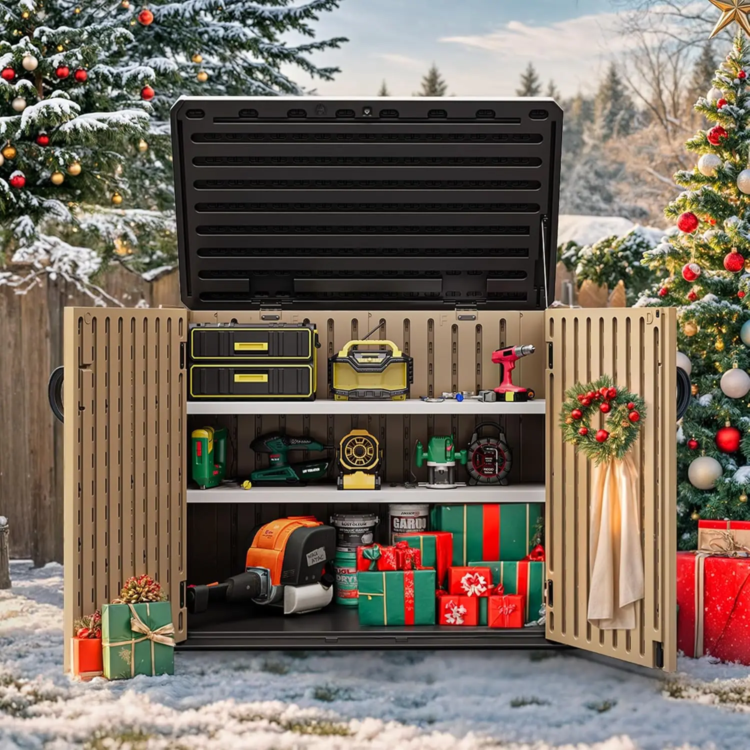 Outdoor Horizontal Storage Shed with X-Shaped Lockable Door 35 Cu Ft Weather Resistant Resin Tool Shed w/o Shelf Ideal