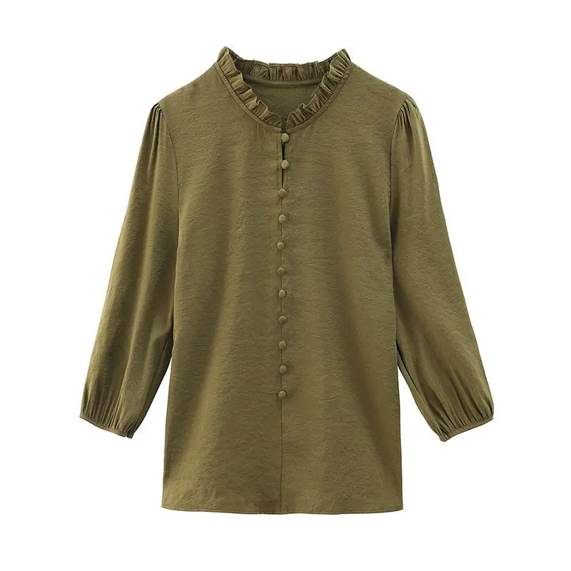 Fashion Elegant Blouses Solid Color Patchwork Button Ruffled Three Quarter Sleeve Summer Thin Simplicity Women\'s Clothing 2023