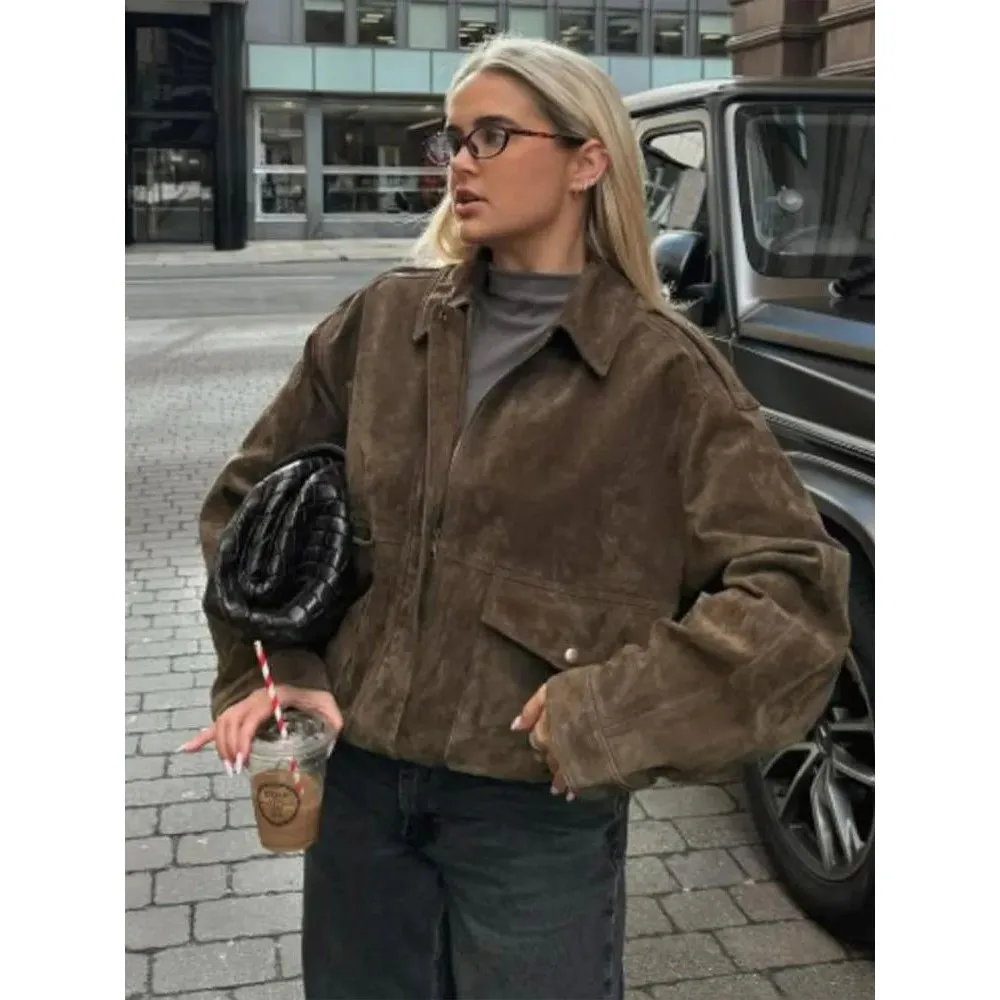 

Ele Long Suede Jaets Women's Turn-down Collar Cleanfit Sle Winter Coats Faionable Ladies' Clothing