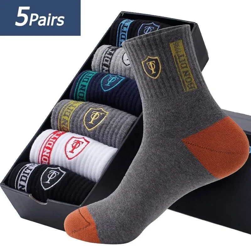 

Hot sale Men's Sports Socks 5 Pairs Summer Casual Sweat Absorbent Comfortable Thin Breathable Middle Tube Basketball Socks