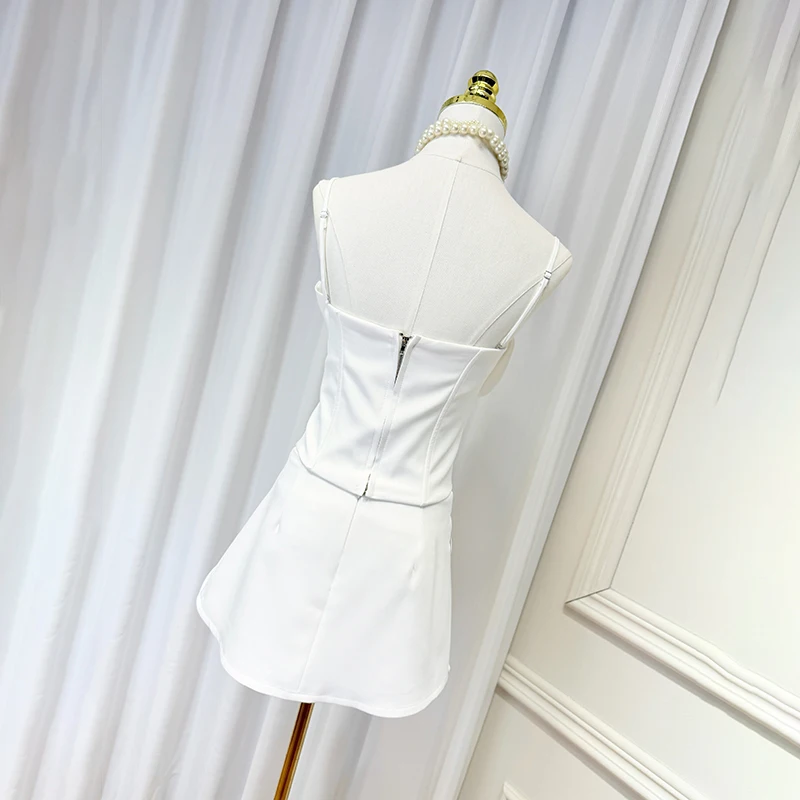 KBQ Effen Slanke Tweedelige Sets voor Vrouwen Vierkante Kraag Mouwloos Gesplitst Applicaties Tops Hoge Taille Mini Rokken Chique Set Vrouwelijke