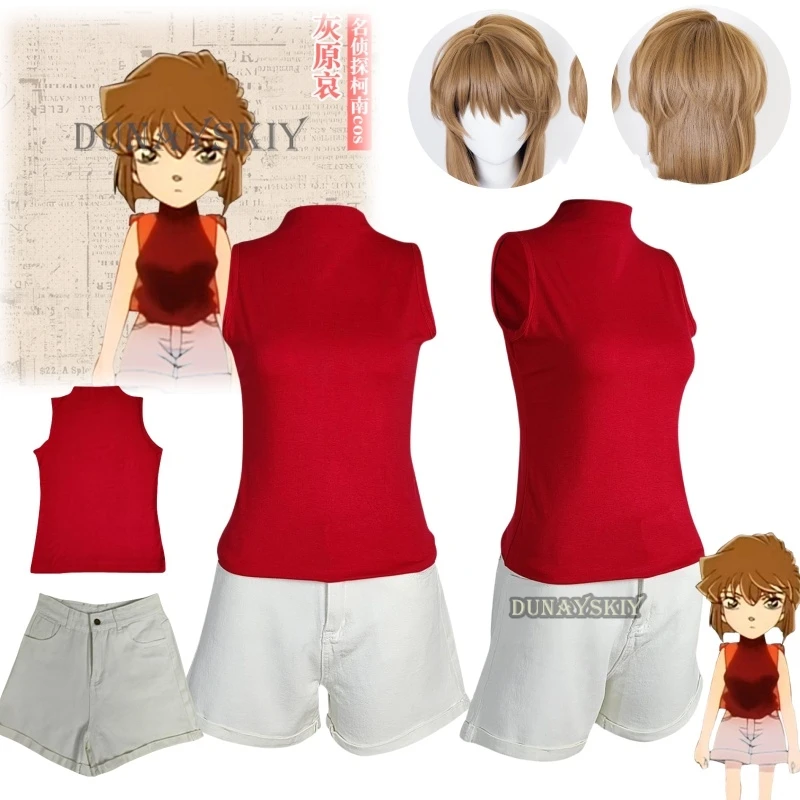 Anime Detective Conan Cosplay Miyano Shiho Costume Party Uniform Full Set WIG Top Shorts Haibara Ai Cos Suit