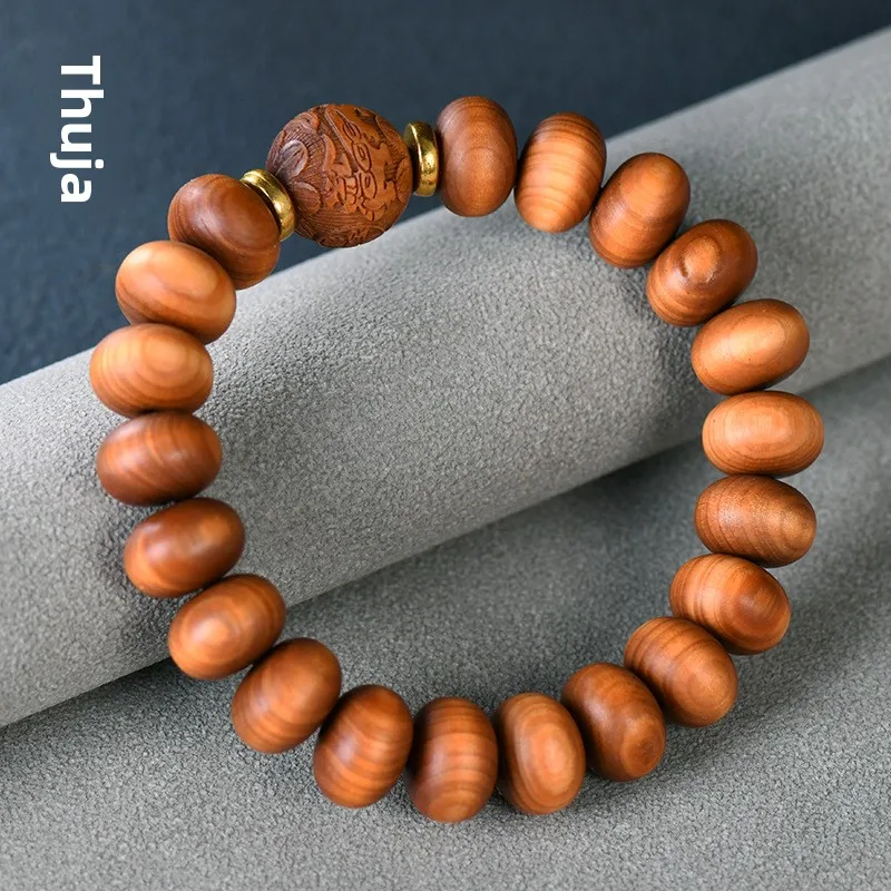 Chinese Style Lucky Wealth Attracting 9x12mm Thuja Wood Abacus Beads Bracelet Carved Pi Xiu Copper Coin Buddha Bead Wenwan Jewel