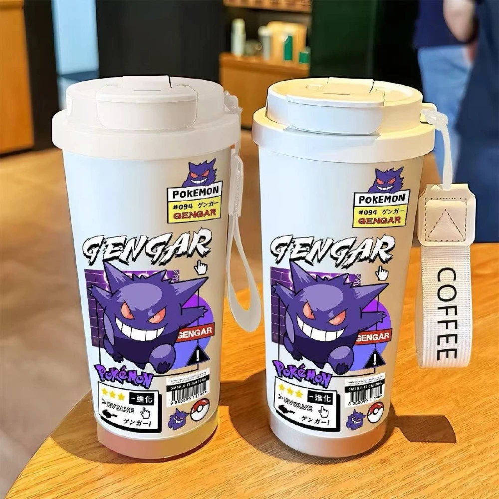 MINISO بوكيمون Gengar كوب بقشة زجاجة ماء للأطفال الإبداعية المحمولة زجاجة رياضية كوب قارورة عازلة هدايا عيد الميلاد للأطفال