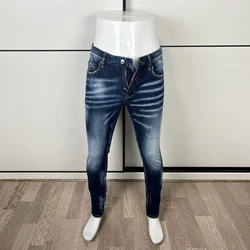 Moda Streetwear markowe męskie jeansy niebieskie w stylu Retro wysokiej jakości elastyczne Slim Fit porwane jeansy mężczyzn marki Vintage spodnie dżinsowe Hombre