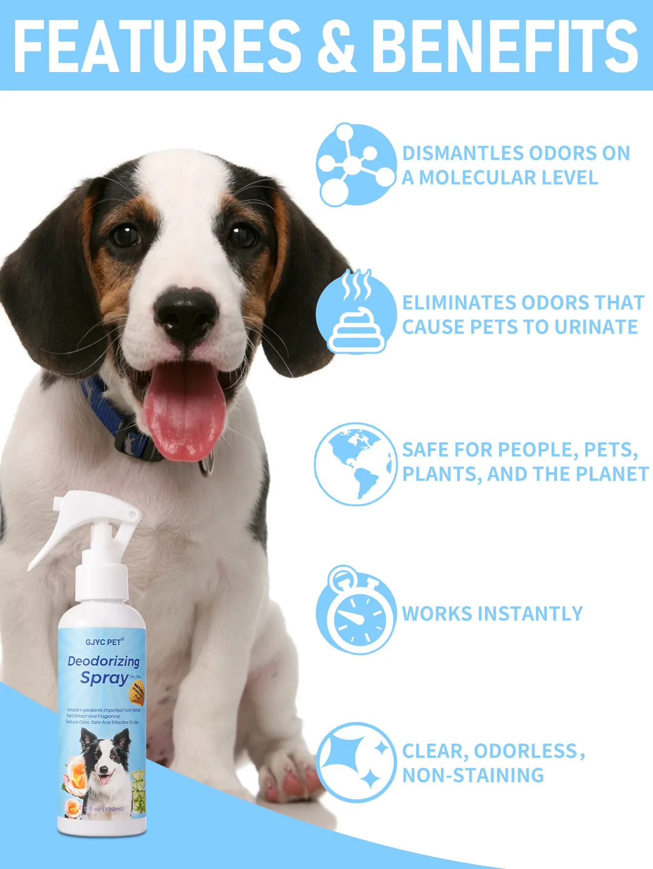 150ml Pet Odor Eliminator Spray - Effectively Removes Dog and Cat Urine Smell, Perfect for Litter Box Freshness