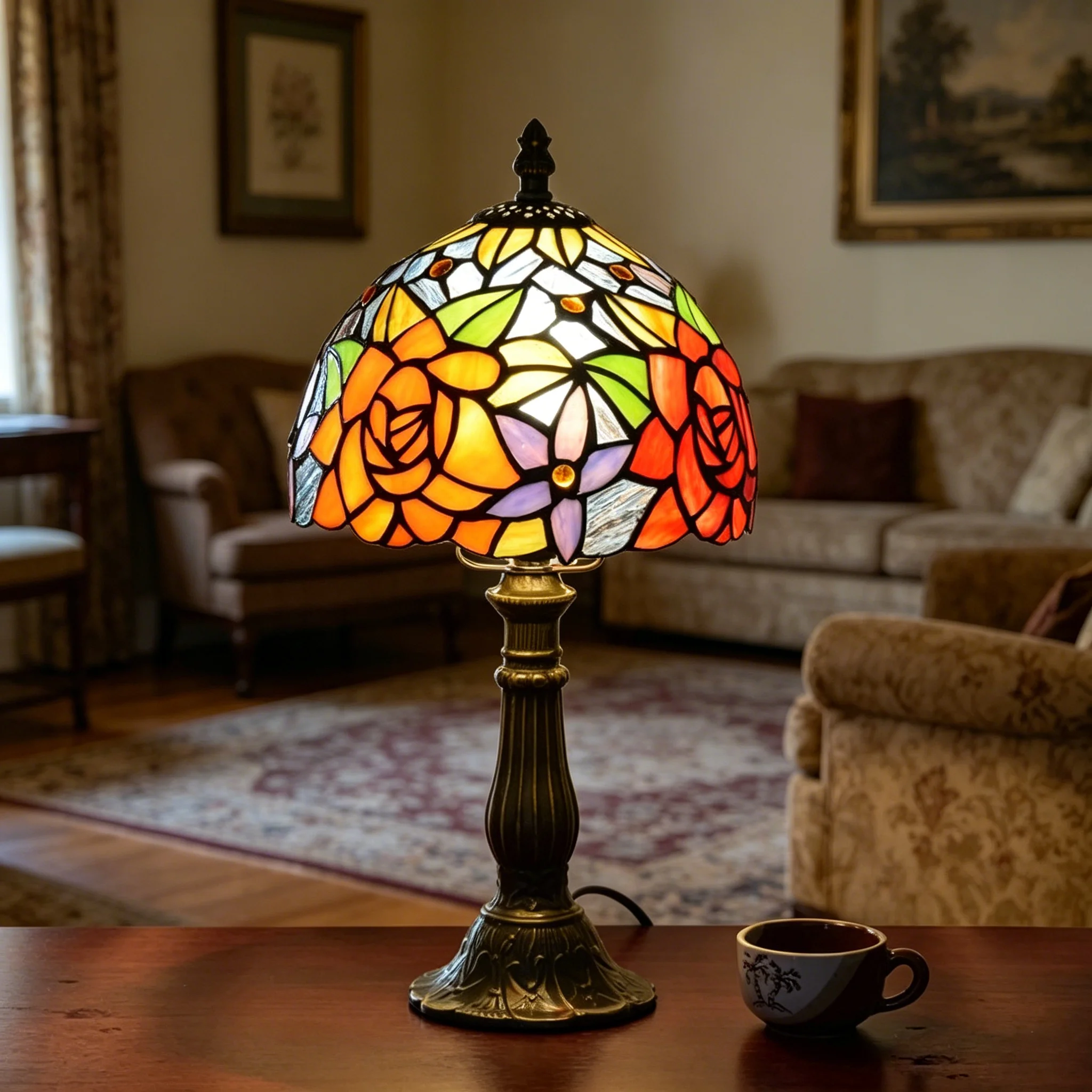 Tiffany Style Table Lamp Red Rose Stained Glass Reading Light for Home Living Room Bedroom Office European Style Retro Lamps