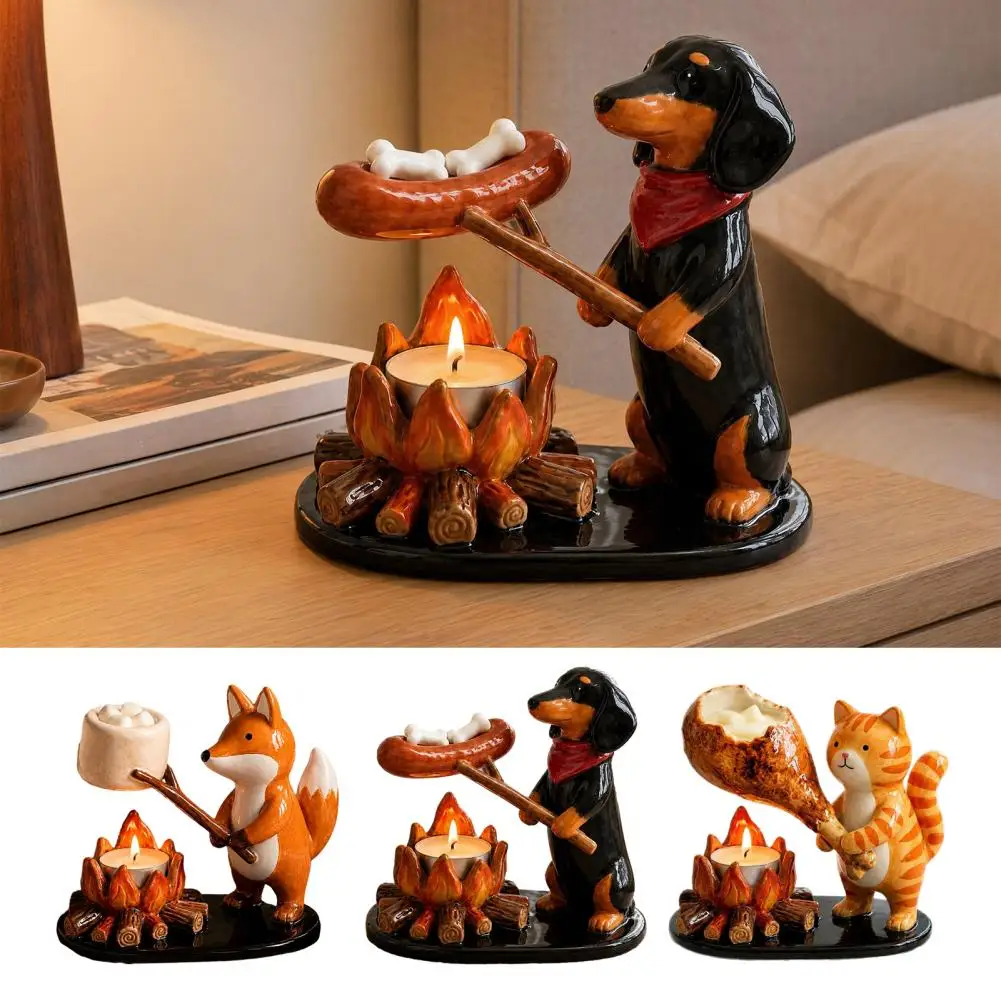 Candle Holder Resin Candle Holder Campfire Tealight Holder with Cat Fox Dachshund Figurines Handmade Resin Candle Stand Cozy
