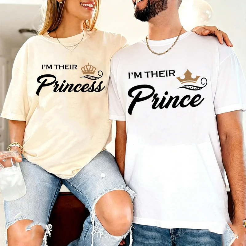 

I'm Their Princess/Prince Couple Matching T-Shirt Vintage Crown Women Men Streetwear Short Sleeve Tee for Lover Anniversary Gift