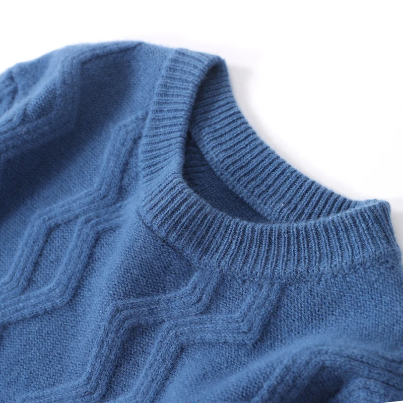 Men\'s 100% pure wool autumn and winter new soft warm knit solid color wavy pullover O-neck knitted sweater