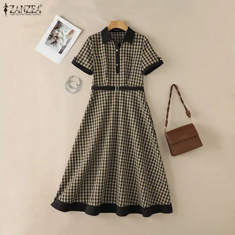 

ZANZEA Women's Elegant Maxi Dress Contrast-Color Half-Buttons Collared Short Sleeve A-Line Dresses Vintage Gingham Robes Femme