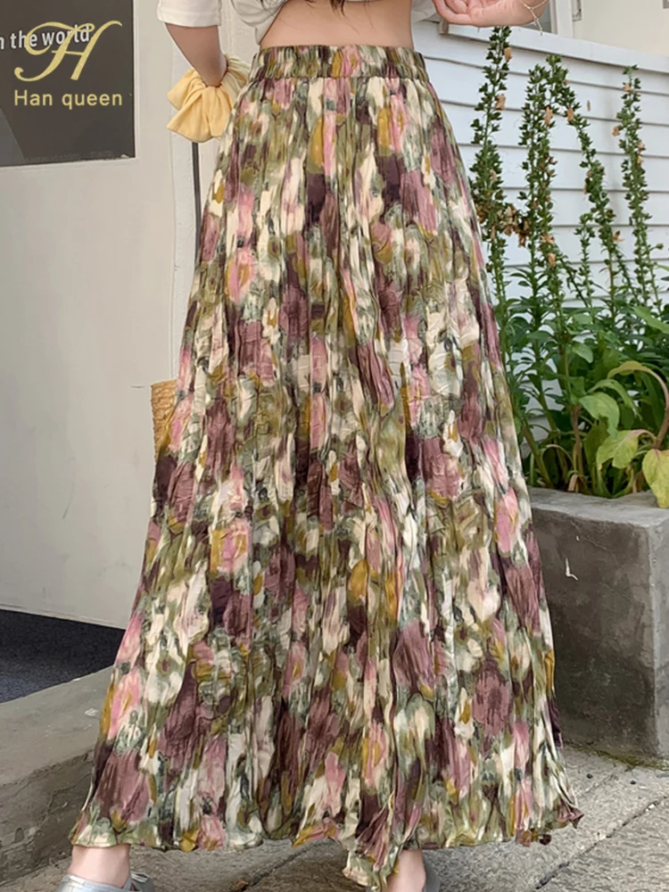 

H Han Queen 2025 Summer French Elegant Printing Skirts Women Office High Waist A-line Fashion Casual Long Skirt Woman Clothing