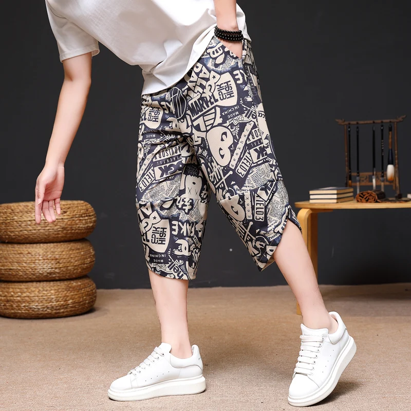 

Летние тонкие шелковые повседневные брюки-капри для мужчин, спортивные, быстросохнущие, свободные, универсальные, дышащие, больших размеров