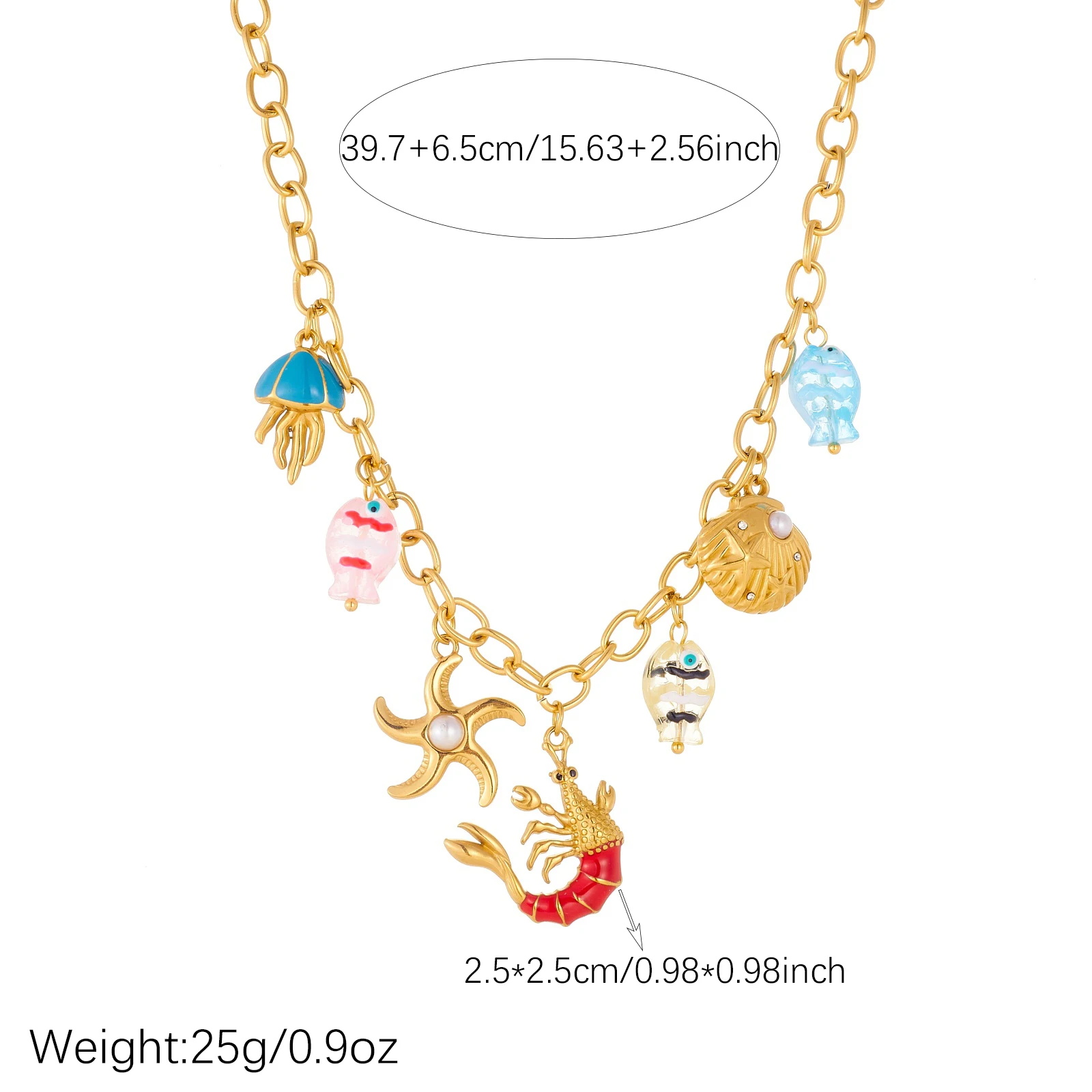 DIEYURO 316L Stainless Steel Colored Namel Lobster Scallop Jellyfish Acrylic Small Fish Necklace Lady Ocean Style Neck Chain