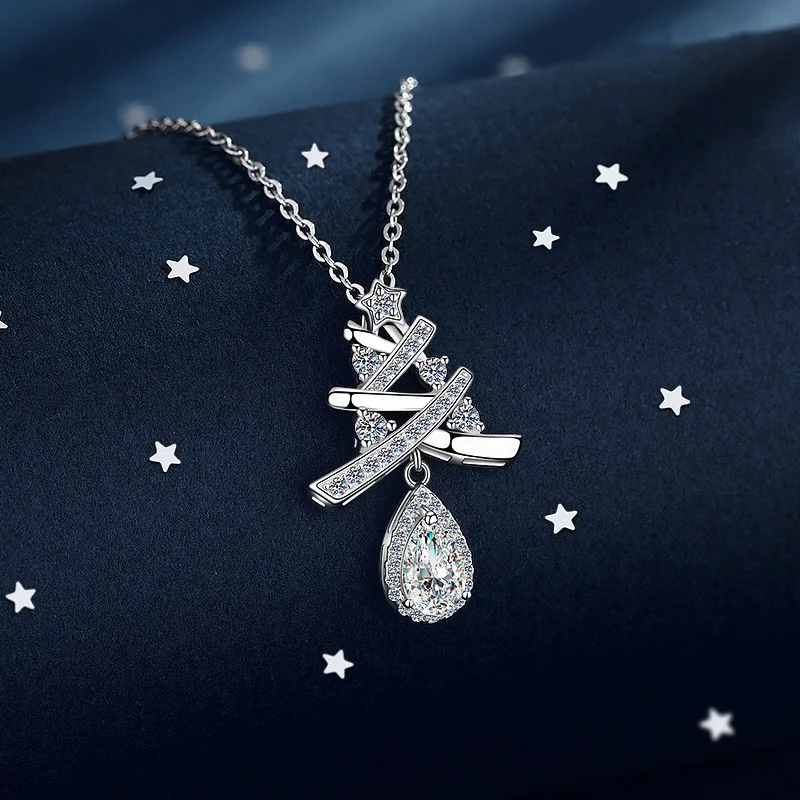 

925 Silver Christmas Tree Tassel Necklace Women's Trend Fashion Water Drop Pendant Collarbone Chain Christmas Gift