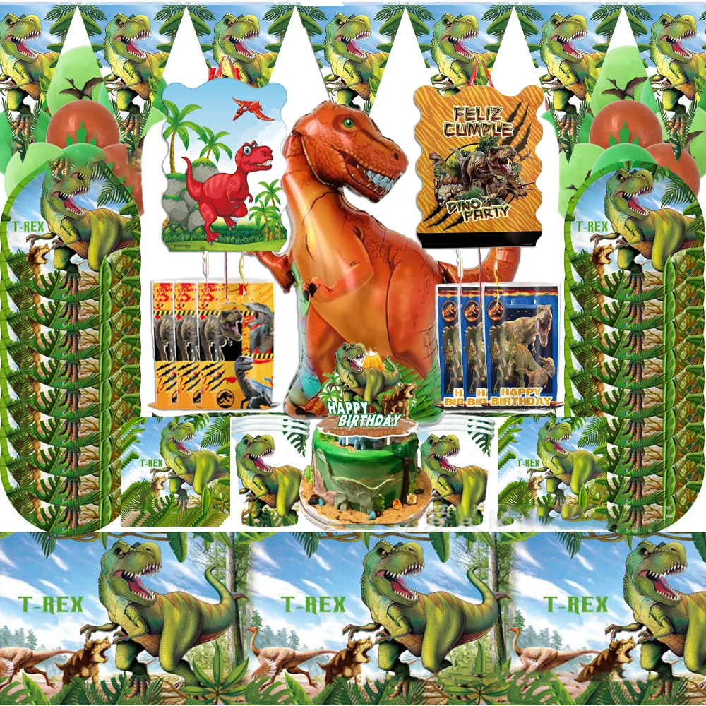 Jurassic Tyrannosaurus Rex Green Dinosaur Birthday Party Decoration Disposable Tableware Cake Stand Pinata Plate Cup Tablecloth